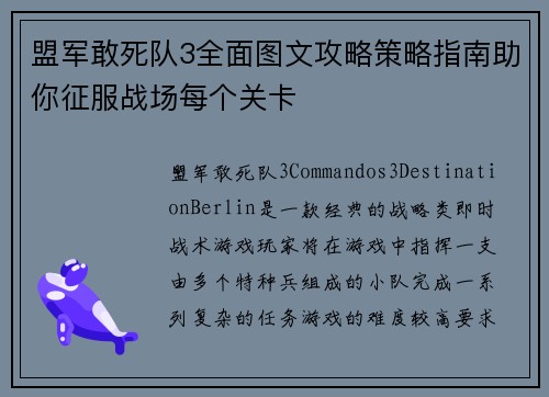 盟军敢死队3全面图文攻略策略指南助你征服战场每个关卡